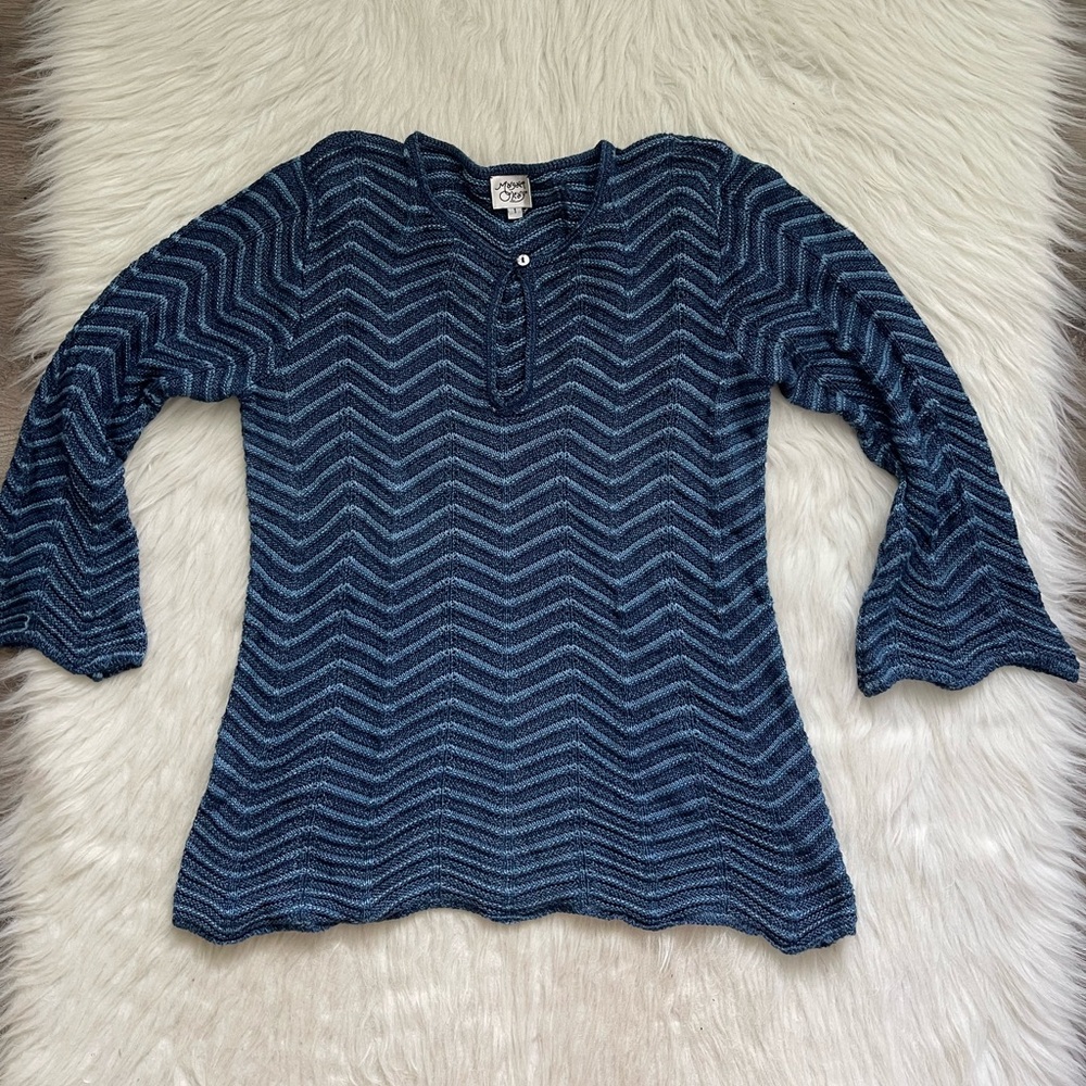 Blue striped hand knit Margaret Oleary scallop edge lightweight sweater